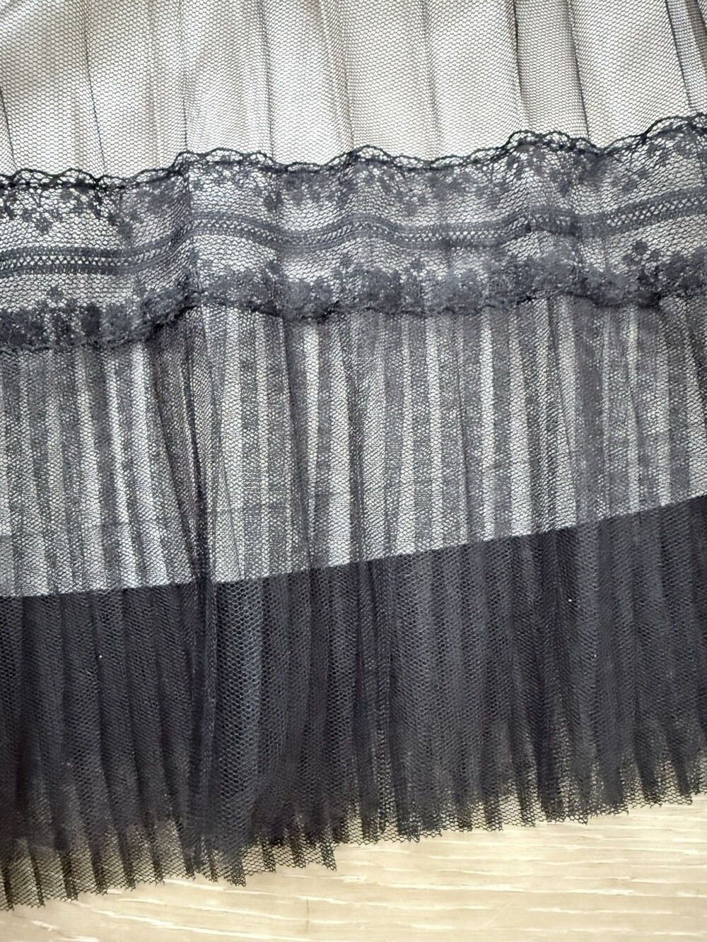Pleated Mesh Lace Midi Maxi Skirt Black Champagne Calligraphie M Boho Romantic - Picture 12 of 16
